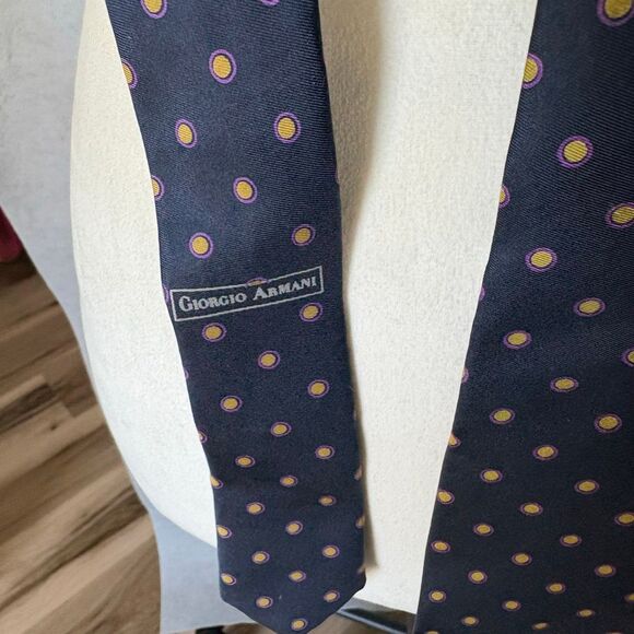 Vintage Giorgio Armani Silk Tie Navy Blue Double Polka Dot Tie - Picture 2 of 5